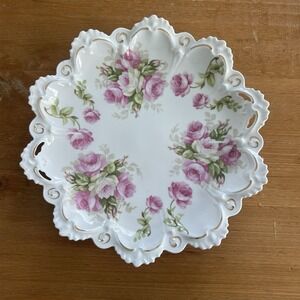 Antique Moritz Zdekauer MZ Austria Porcelain Floral Plate Pink Roses Reticulated
